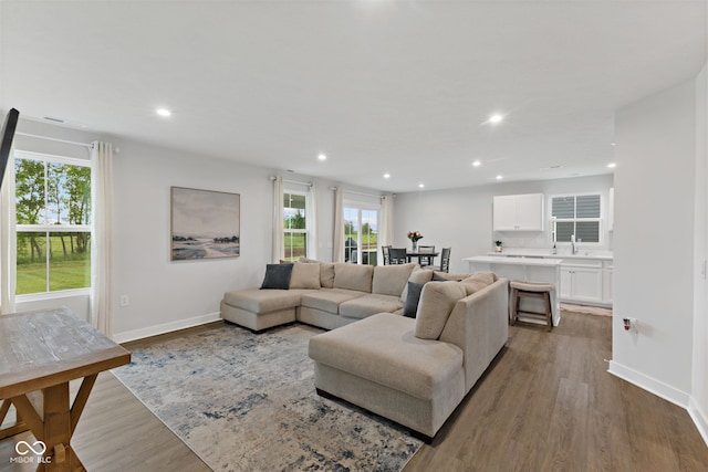 7051 E Bean Blossom Dr, Camby, IN 46113 - living room featuring wood finished floors, baseboards, and recessed lighting