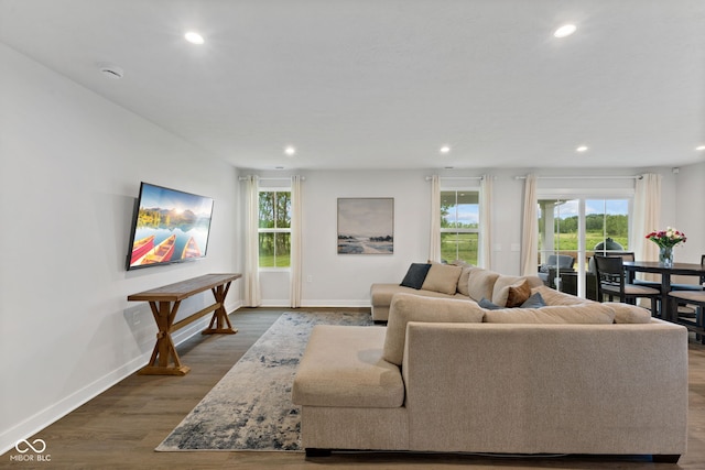 7051 E Bean Blossom Dr, Camby, IN 46113 - living room with recessed lighting, dark wood-style flooring, and baseboards