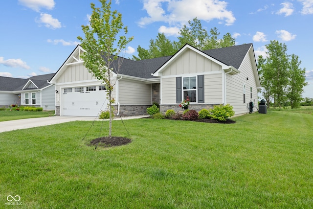 7051 E Bean Blossom Dr, Camby, IN 46113 - view of front of home with board and batten siding, a garage, stone siding, driveway, and a front yard