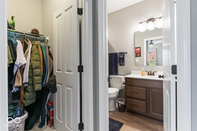 104 Perlican Dr, Cicero, IN 46034 - bathroom featuring vanity, toilet, wood finished floors, a spacious closet, and a ceiling fan
