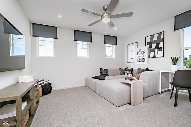 6841 Seabiscuit Rd, Whitestown, IN 46075 - carpeted living room with a ceiling fan, recessed lighting, and baseboards
