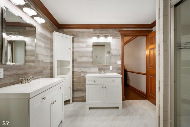 2708 N 400 E, Greenfield, IN 46140 - bathroom with two vanities, marble look tile flooring, and wood walls