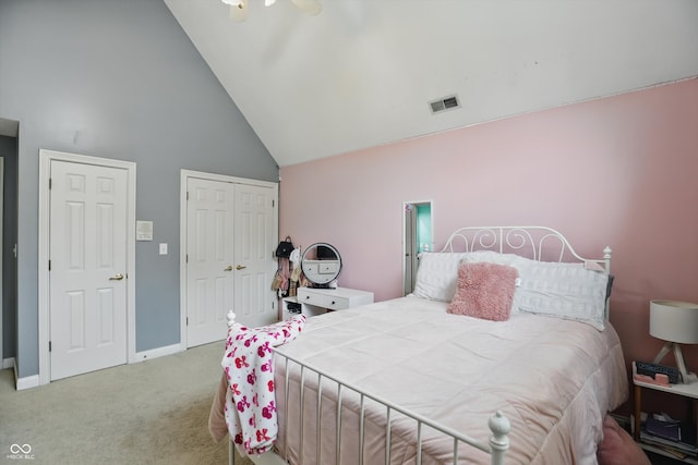 7138 Nile Ridge Ct, Indianapolis, IN 46236 - carpeted bedroom with high vaulted ceiling, baseboards, and ceiling fan
