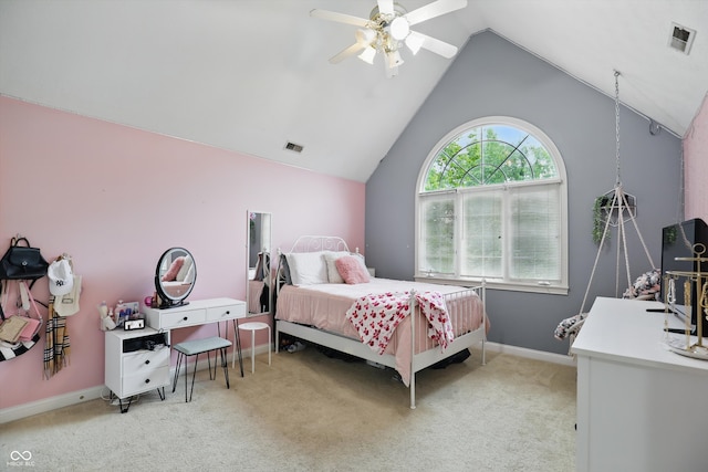 7138 Nile Ridge Ct, Indianapolis, IN 46236 - bedroom featuring light colored carpet, vaulted ceiling, ceiling fan, and baseboards