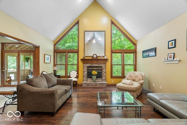 6363 Harmonridge Ct, Indianapolis, IN 46278 - living room featuring high vaulted ceiling, plenty of natural light, a brick fireplace, and wood finished floors