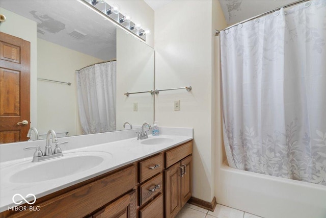 6363 Harmonridge Ct, Indianapolis, IN 46278 - full bathroom with double vanity, tile patterned floors, and shower / bathtub combination with curtain