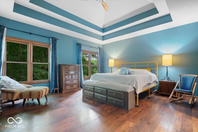 6363 Harmonridge Ct, Indianapolis, IN 46278 - bedroom featuring hardwood / wood-style floors, a raised ceiling, and a high ceiling