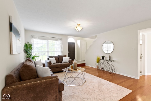 3014 Saddlehorn Dr, Carmel, IN 46033 - living room featuring light wood-style flooring, arched walkways, and baseboards