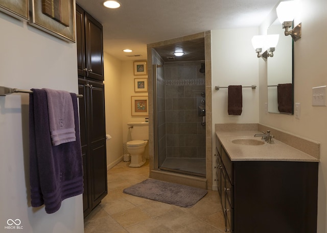 4000 N Meridian St Apt 11D, Indianapolis, IN 46208 - bathroom with a stall shower, recessed lighting, vanity, toilet, and baseboards