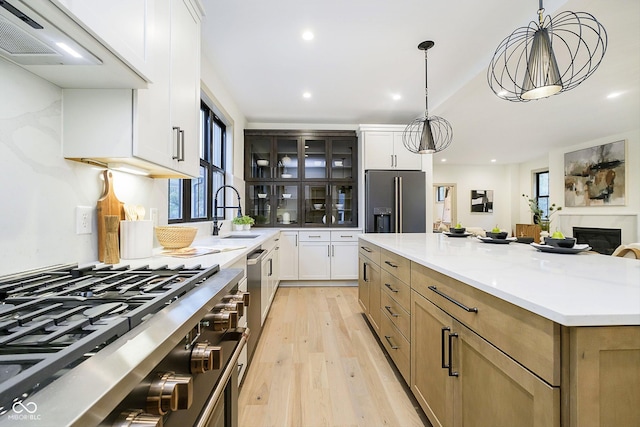 1818 Central Ave, Indianapolis, IN 46202 - kitchen featuring stainless steel appliances, range hood, light wood-style floors, glass insert cabinets, and recessed lighting