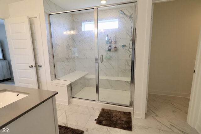 9640 Katana Cir, Fishers, IN 46040 - bathroom with marble finish flooring, vanity, a shower stall, and baseboards