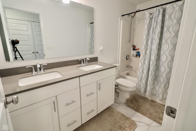 9640 Katana Cir, Fishers, IN 46040 - full bath featuring double vanity, shower / bath combination with curtain, marble look tile flooring, and toilet