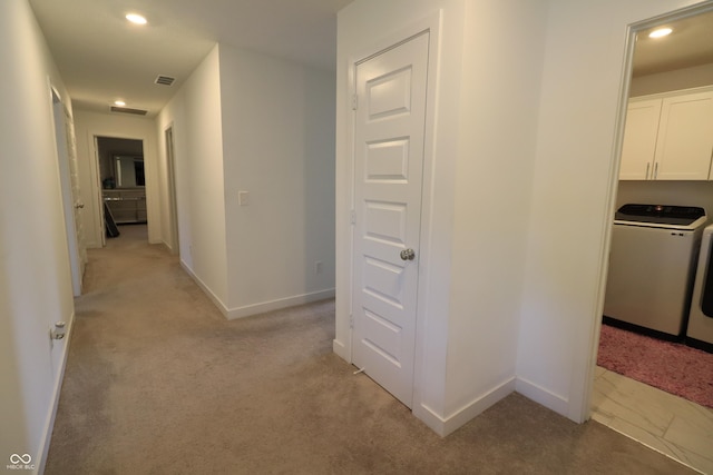 9640 Katana Cir, Fishers, IN 46040 - corridor with light carpet, baseboards, recessed lighting, and washer and clothes dryer