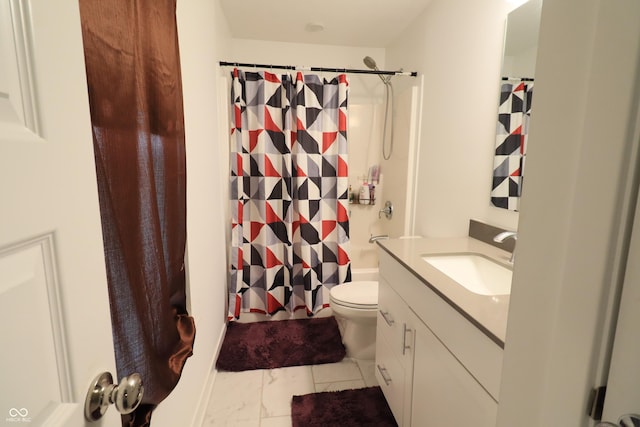 9640 Katana Cir, Fishers, IN 46040 - full bathroom featuring vanity, marble finish floors, toilet, and shower / tub combo