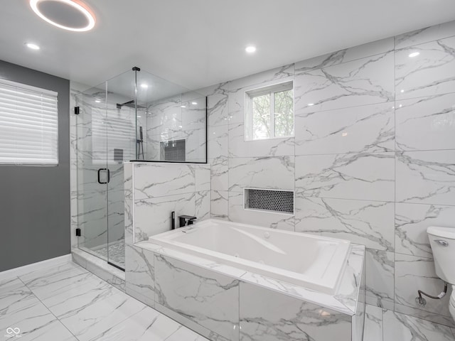 1141 Temperance Ave, Indianapolis, IN 46203 - bathroom with a garden tub, a marble finish shower, toilet, marble finish floors, and recessed lighting