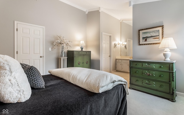 2949 River Bay Dr N, Indianapolis, IN 46240 - bedroom with crown molding, light colored carpet, and ensuite bathroom