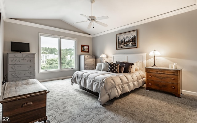 2949 River Bay Dr N, Indianapolis, IN 46240 - bedroom with vaulted ceiling, carpet floors, baseboards, ornamental molding, and a ceiling fan