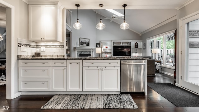 2949 River Bay Dr N, Indianapolis, IN 46240 - kitchen featuring stainless steel dishwasher, open floor plan, ornamental molding, dark wood finished floors, and white cabinets