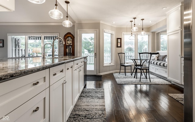 2949 River Bay Dr N, Indianapolis, IN 46240 - kitchen featuring a sink, white cabinets, dark wood finished floors, stainless steel dishwasher, and stone counters