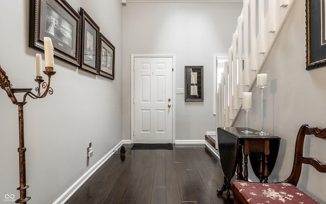 2949 River Bay Dr N, Indianapolis, IN 46240 - entryway with baseboards, dark wood finished floors, a high ceiling, and stairs