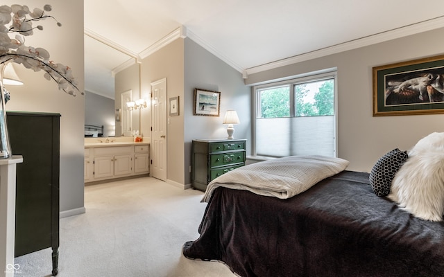 2949 River Bay Dr N, Indianapolis, IN 46240 - bedroom featuring crown molding, light carpet, ensuite bath, a sink, and baseboards