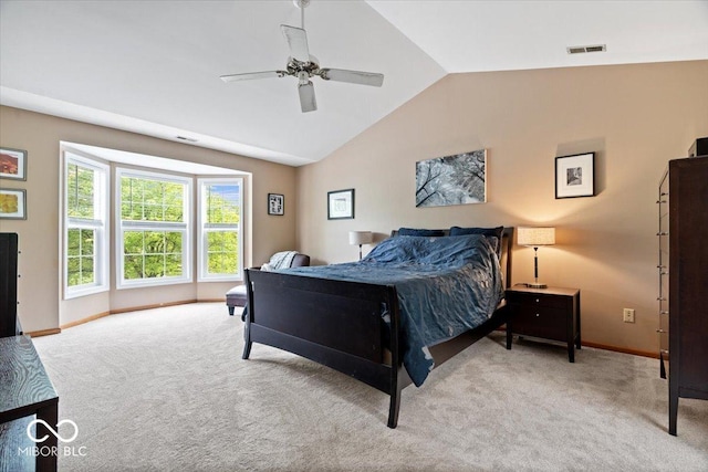 11956 Glen Cove Dr, Indianapolis, IN 46236 - bedroom with light carpet, vaulted ceiling, baseboards, and a ceiling fan