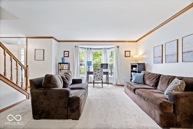 11956 Glen Cove Dr, Indianapolis, IN 46236 - living room with light carpet, ornamental molding, stairs, and baseboards