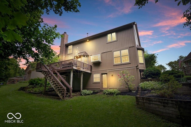 11956 Glen Cove Dr, Indianapolis, IN 46236 - rear view of house featuring a wooden deck, stairway, a chimney, and a yard
