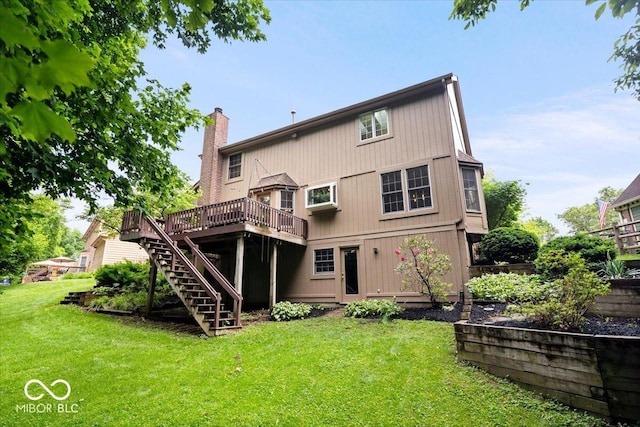 11956 Glen Cove Dr, Indianapolis, IN 46236 - back of property featuring stairs, a deck, a chimney, and a lawn