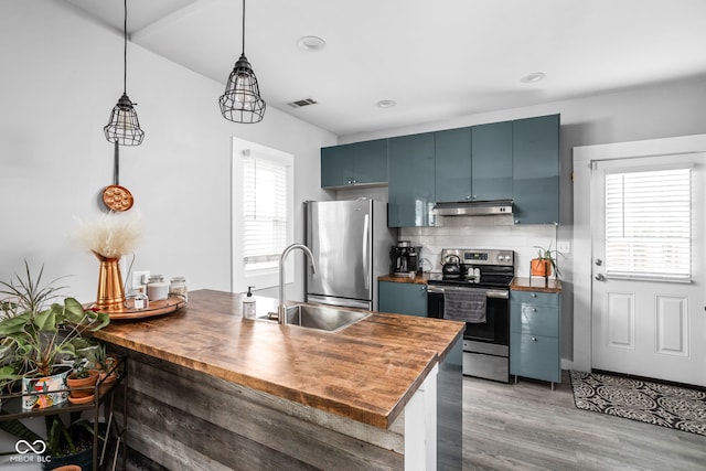 4414 Winthrop Ave, Indianapolis, IN 46205 - kitchen featuring stainless steel appliances, butcher block countertops, under cabinet range hood, a sink, and a peninsula