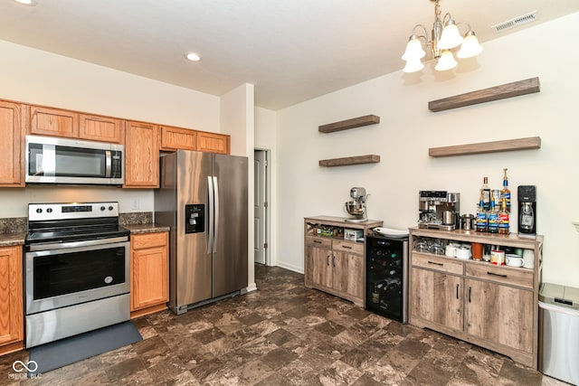 6556 Sulgrove Pl, Indianapolis, IN 46221 - kitchen featuring appliances with stainless steel finishes, wine cooler, open shelves, a chandelier, and dark countertops