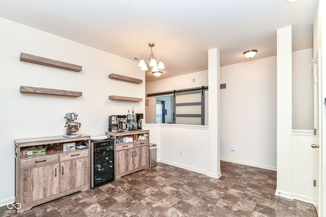 6556 Sulgrove Pl, Indianapolis, IN 46221 - indoor dry bar featuring a barn door, beverage cooler, a chandelier, and baseboards