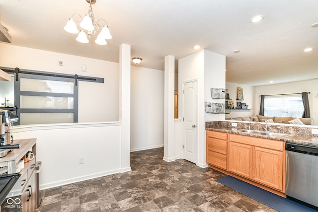 6556 Sulgrove Pl, Indianapolis, IN 46221 - kitchen featuring dishwasher, a sink, a barn door, open floor plan, and a chandelier