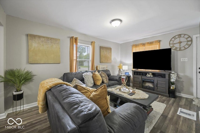 1907 N Drexel Ave, Indianapolis, IN 46218 - living area featuring dark wood-style flooring, baseboards, and a glass covered fireplace