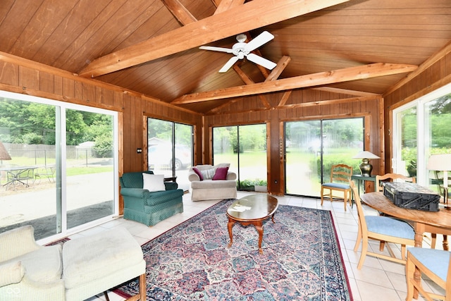 1102 Fox Hill Dr, Indianapolis, IN 46228 - living area with wooden walls, wood ceiling, light tile patterned flooring, and a ceiling fan