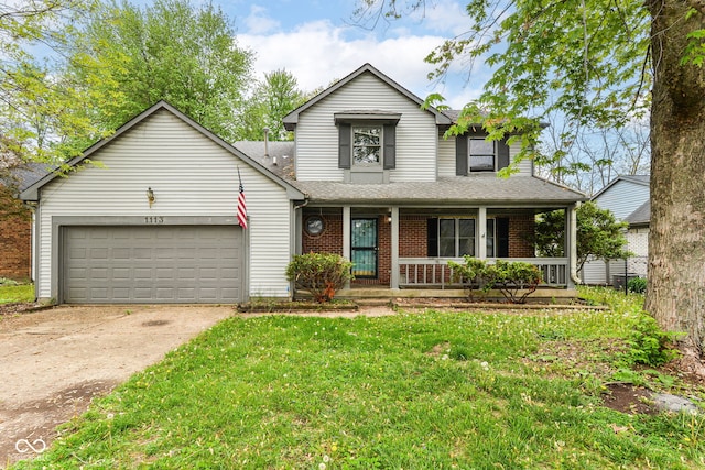 1113 Delray Dr, Indianapolis, IN 46241 - traditional-style home featuring covered porch, a garage, driveway, brick siding, and roof with shingles