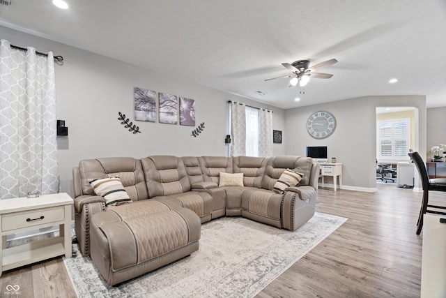 13321 N White Cloud Ct, Camby, IN 46113 - living area featuring a ceiling fan, recessed lighting, light wood-style flooring, and baseboards