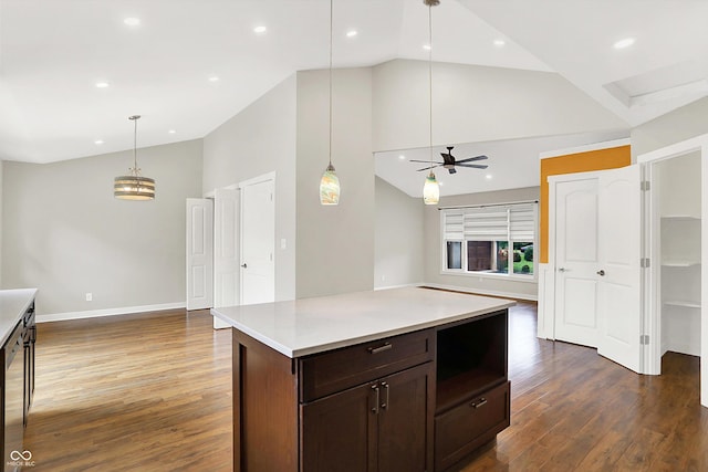 126 E 86th St, Indianapolis, IN 46240 - kitchen with open floor plan, dark wood-type flooring, high vaulted ceiling, light countertops, and dark brown cabinets