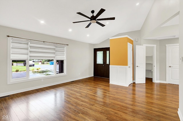126 E 86th St, Indianapolis, IN 46240 - unfurnished living room with ceiling fan, lofted ceiling, wood finished floors, and recessed lighting