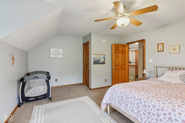 3564 Clear Creek Blvd, Martinsville, IN 46151 - bedroom with light colored carpet, baseboards, a ceiling fan, and lofted ceiling
