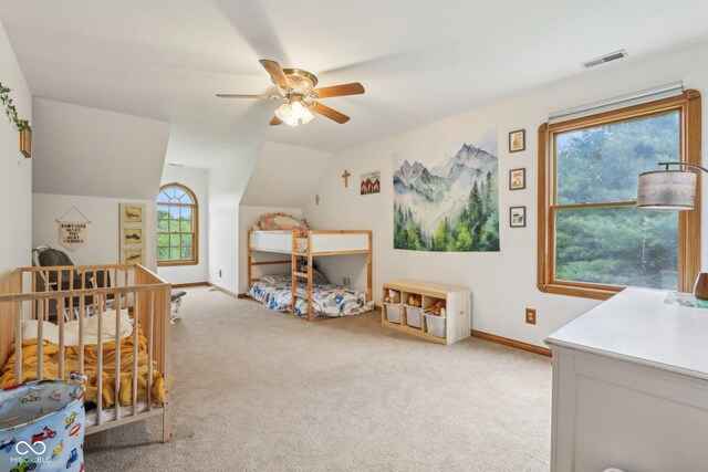 3564 Clear Creek Blvd, Martinsville, IN 46151 - bedroom featuring carpet floors, baseboards, lofted ceiling, and a ceiling fan