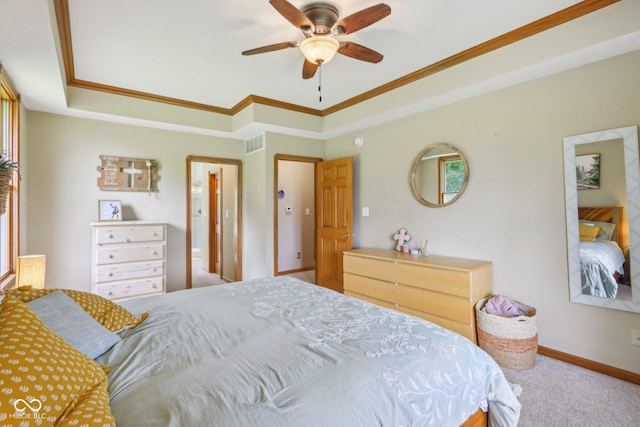 3564 Clear Creek Blvd, Martinsville, IN 46151 - bedroom featuring carpet, a tray ceiling, crown molding, baseboards, and ceiling fan