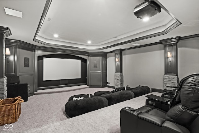 11101 Hawthorn Rdg, Fishers, IN 46037 - cinema with a tray ceiling, carpet flooring, ornate columns, crown molding, and recessed lighting