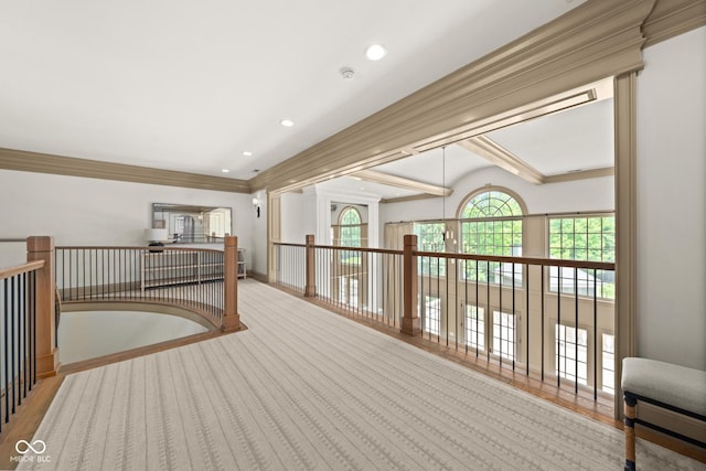 11101 Hawthorn Rdg, Fishers, IN 46037 - corridor featuring recessed lighting, an upstairs landing, ornamental molding, and carpet floors