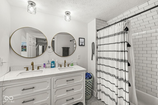2 S 25th Ave, Beech Grove, IN 46107 - full bathroom with double vanity, shower / bathtub combination with curtain, and a textured ceiling