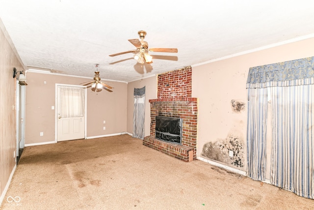 6238 E 43rd St, Indianapolis, IN 46226 - unfurnished living room featuring carpet floors, crown molding, ceiling fan, baseboards, and a fireplace