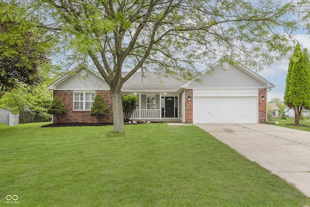 374 Pomona Ct, Greenfield, IN 46140 - ranch-style home featuring covered porch, brick siding, driveway, and an attached garage
