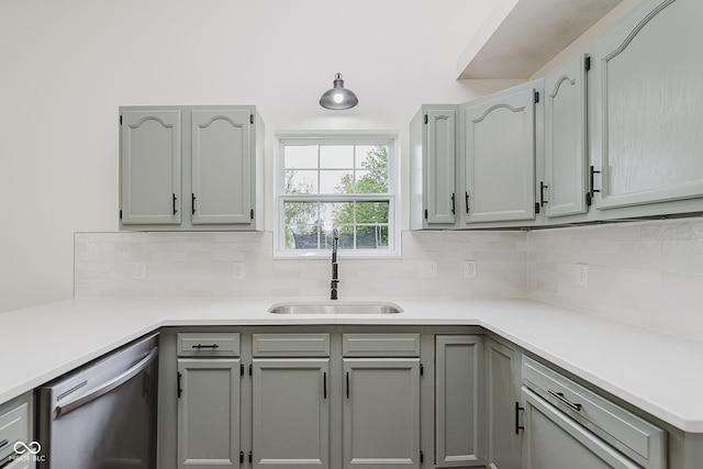 374 Pomona Ct, Greenfield, IN 46140 - kitchen featuring stainless steel dishwasher, a sink, tasteful backsplash, and light countertops