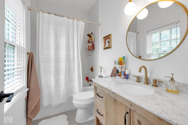 3215 N Pennsylvania St, Indianapolis, IN 46205 - full bath with vanity, toilet, shower / tub combo with curtain, and tile patterned floors