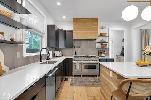 3215 N Pennsylvania St, Indianapolis, IN 46205 - kitchen featuring appliances with stainless steel finishes, open shelves, a sink, light wood-style flooring, and decorative backsplash